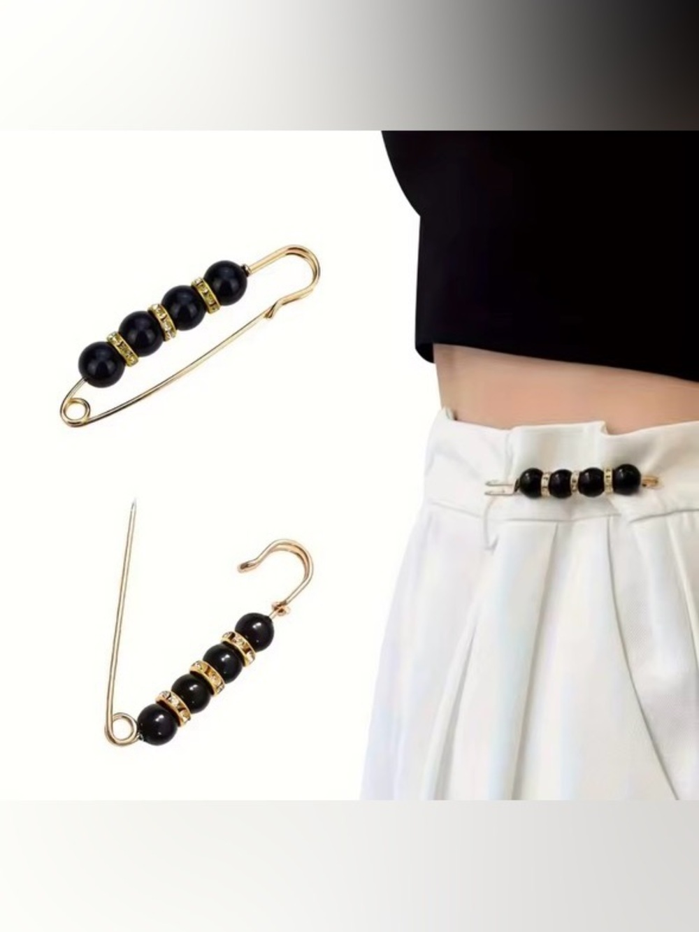 Gold Faux Pearl Safety Pin Brooch with Black Beaded Accents (Pack of 2)